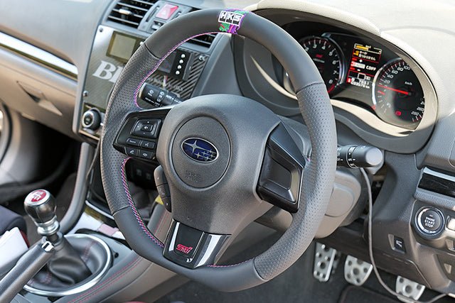 HKS Direct Fit Steering Wheel Black Smooth Leather w/ Perforated Grip, Oil Slick Stitching, and Embroidered HKS Logo 2015-2021 WRX / 2015-2021 STI
