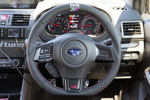 HKS Direct Fit Steering Wheel Black Smooth Leather w/ Perforated Grip, Oil Slick Stitching, and Embroidered HKS Logo 2015-2021 WRX / 2015-2021 STI