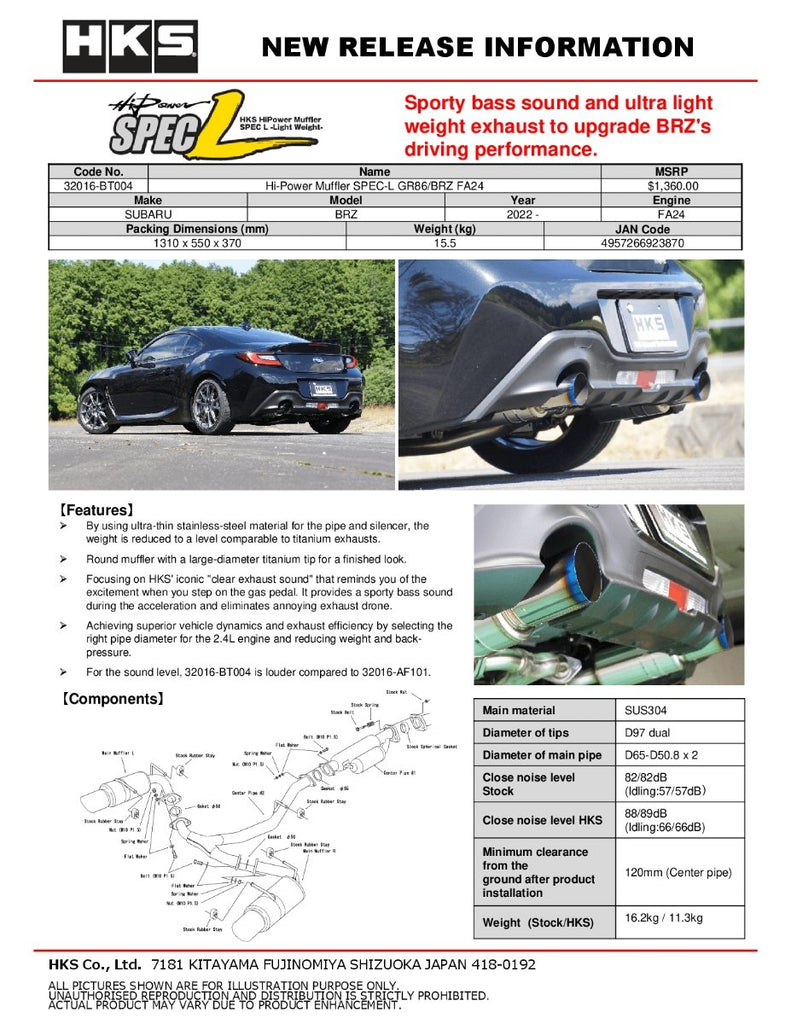 HKS Hi-Power SPEC-L w/ Titanium Tips Catback Exhaust 2022-2024 BRZ / 2022-2024 GR86